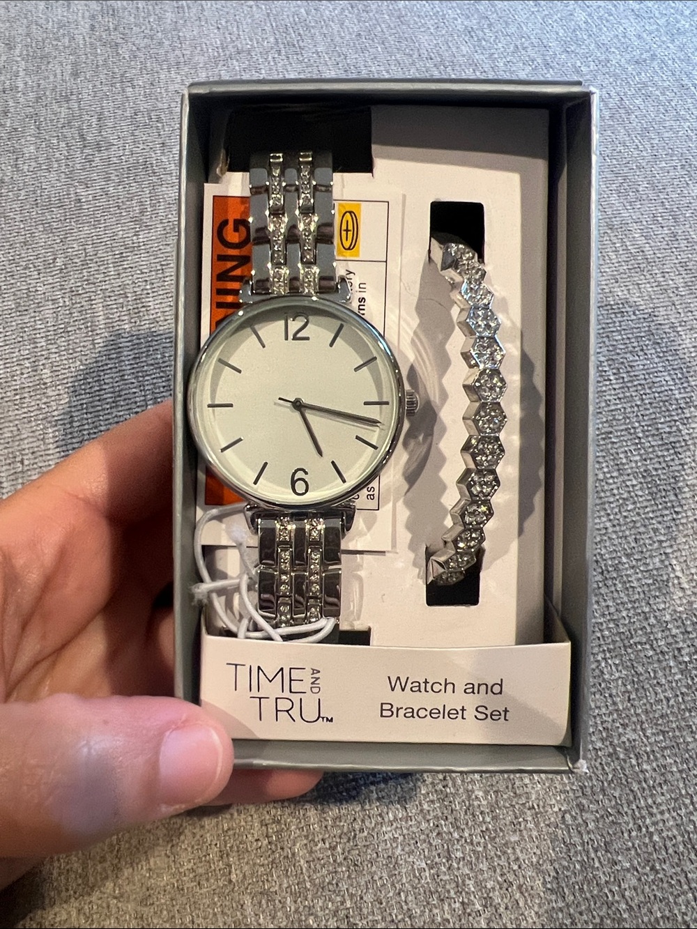 Time and Tru Silver and White Dress Watch with Rhinestone Bracelet
